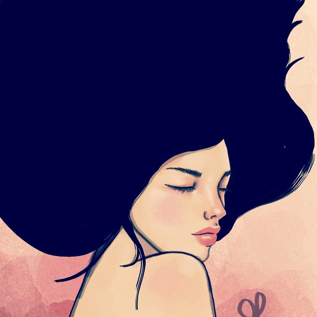Woman with oversized dark hair, eyes closed